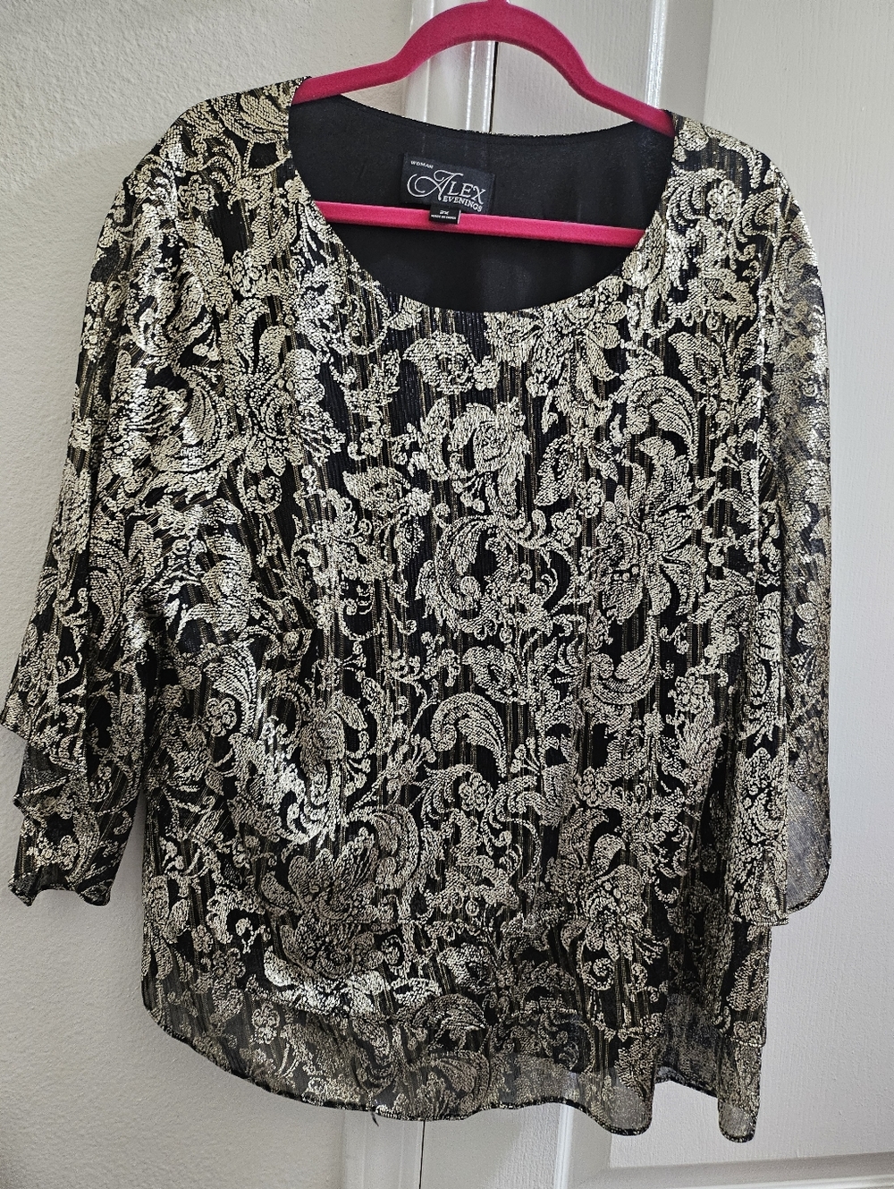 Alex Evenings Black and Gold Floral Jacquard Blouse